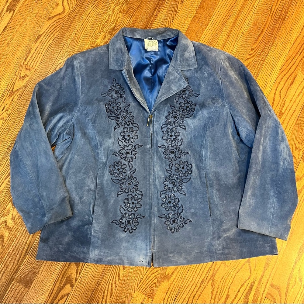 Nolan Miller Blue Suede Embroidered Zip-up Jacket - 3X Genuine Leather
